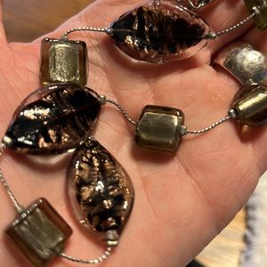 Handmade foil glass beads copper black silver on metal chain lobster clasp 22 “